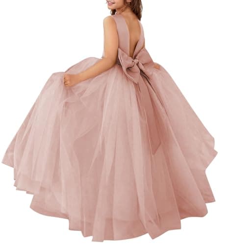 MCieloLuna Flower Girl Satin Tulle Princess Dress with Bow-Knot