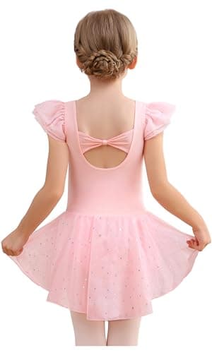 MdnMd Dance Ballet Leotard with Skirt for Toddler Girls Glitter Back Bow Ruffle Sleeve