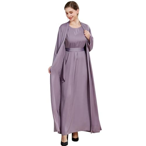 Lenmipot Women's Silk Abaya Dress Twin Set Maxi Kaftan Jilbab Eidsrobe