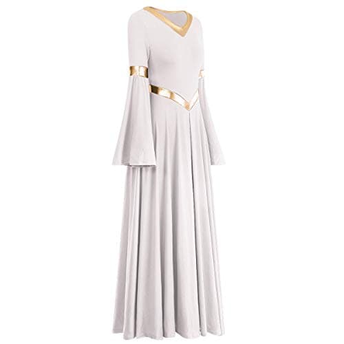 IBAKOM Women's Loose Fit Full Length Metallic Gold V-Neck Worship Dance Costume