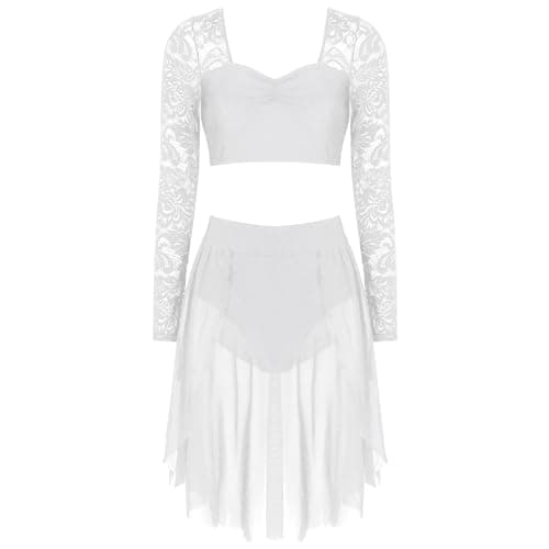 CochOn Women 2 Pcs Lyrical Dance Costume Floral Lace Crop Top & Skirt