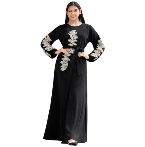 IBAKOM Floral Embroidery Abaya Dress for Women Islamic Clothing