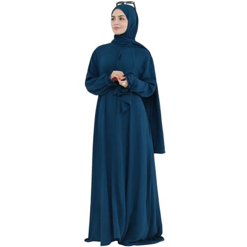 Women's Middle Eastern Arabian Robe Modest Dress with Lace Sleeve Hijab Scarf