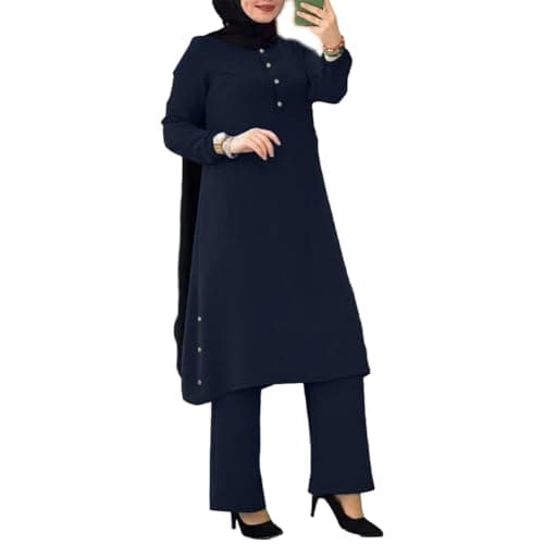 IDOPIP Women's Muslim Abaya Dress Set Casual Arabic Outfits
