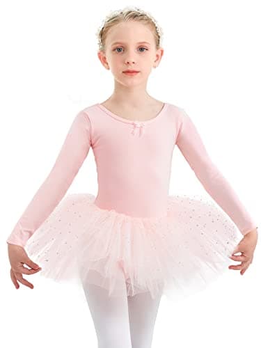 Gorphnc Pink Long Sleeve Dance Leotard with Tutu Skirt for Girls