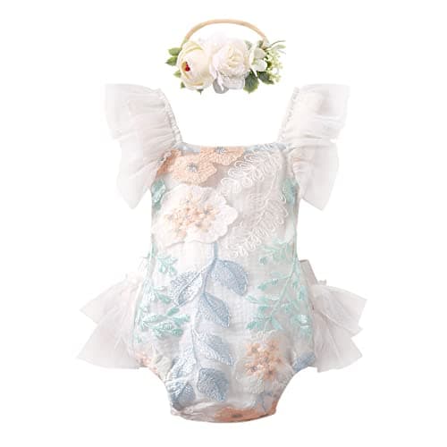 Floral Lace Ruffle Sleeve Backless Baby Girl Romper Dress Outfit
