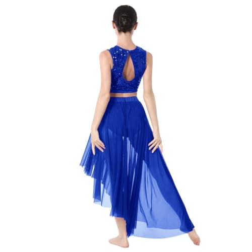 Lyrical Dance Costume for Women: Sequin Lace Floral Crop Top and Asymmetrical Flowy Mesh Tulle Skirt 2-Piece Outfit