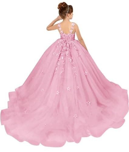 PSAISY Floral Applique Tulle Flower Girl Dress for Weddings & Birthday Parties
