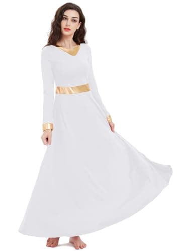 ELLYDOOR Women's Long Sleeve Metallic Gold Praise Dance Dress Liturgical Worship Costume