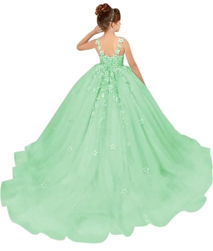 PSAISY Floral Applique Tulle Flower Girl Dress for Weddings & Birthday Parties