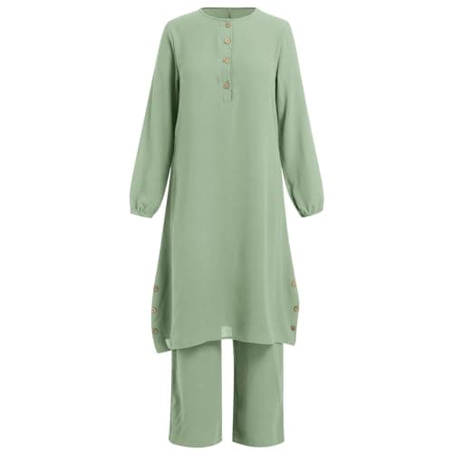 IDOPIP Women's Muslim Abaya Dress Set Casual Arabic Outfits