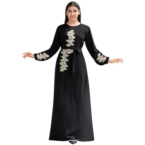 IBAKOM Floral Embroidery Abaya Dress for Women Islamic Clothing