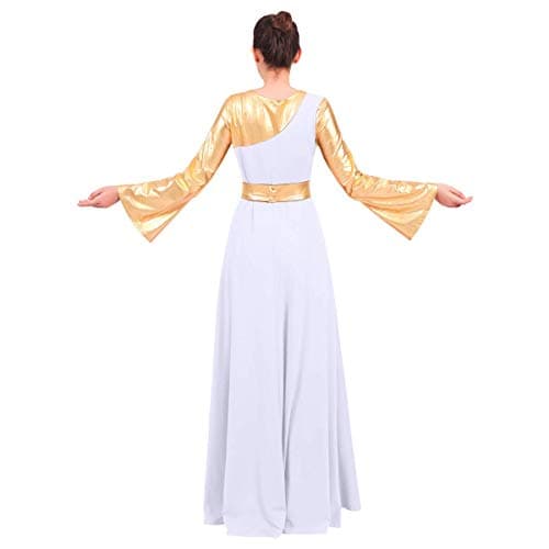Women's Gold Metallic Worship Dance Dress with Bell Sleeves