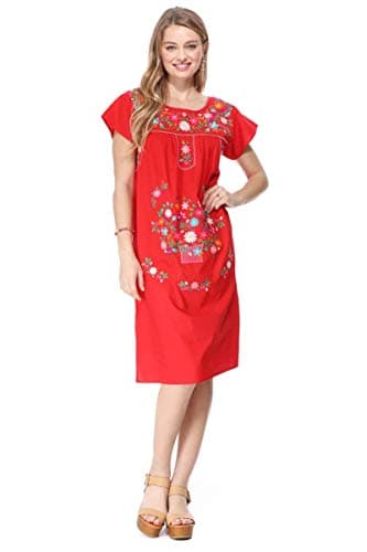 Unik Women's Embroidered Mexican Bohemian Long Casual Dress