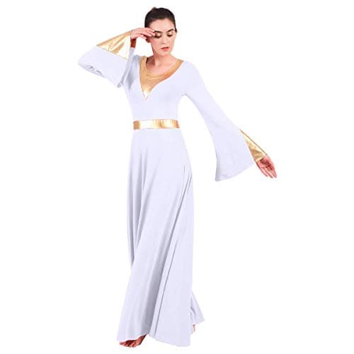 OwlFay Women's Metallic Color Block Liturgical Dance Dress with Bell Sleeve