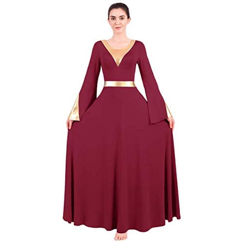OwlFay Women's Metallic Color Block Liturgical Dance Dress with Bell Sleeve