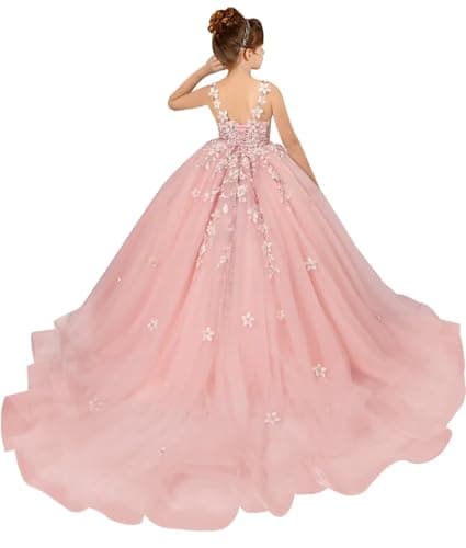 PSAISY Floral Applique Tulle Flower Girl Dress for Weddings & Birthday Parties