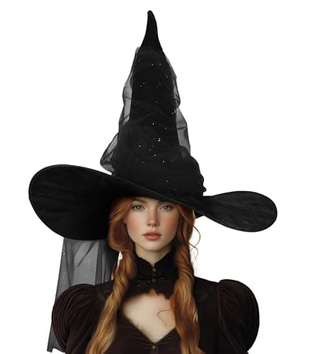 VZQI Black Witch Hat Large Mesh for Women Adults Halloween
