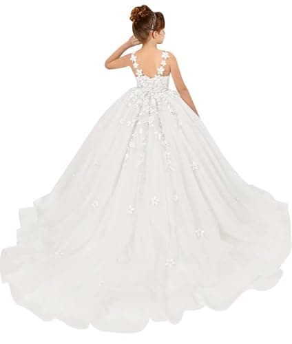 PSAISY Floral Applique Tulle Flower Girl Dress for Weddings & Birthday Parties