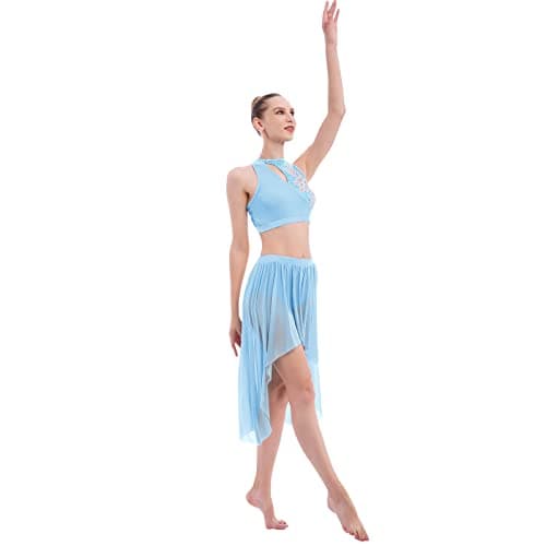 ODASDO Women's Modern Contemporary Dance Costume Sequin Crop Top Tulle Skirt