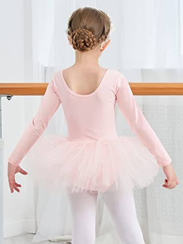 Gorphnc Pink Long Sleeve Dance Leotard with Tutu Skirt for Girls