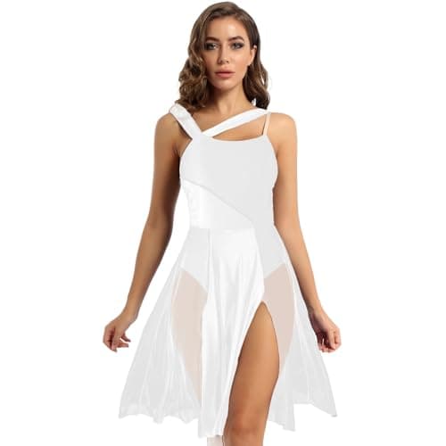 CochOn White Modern Lyrical Dance Dress for Women Flowy Split Sheer Mesh Leotard Maxi