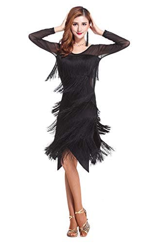 Z&X Women's Black Fringe Ballroom Dance Costume Tulle