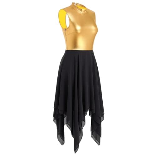 ODASDO Women's Sleeveless Metallic Gold Chiffon Midi Dance Dress - XS to XL