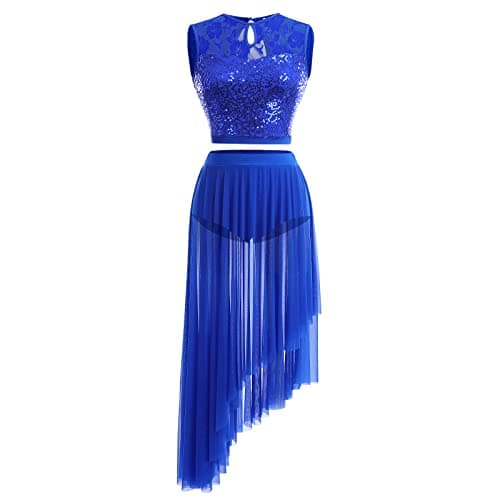 Lyrical Dance Costume for Women: Sequin Lace Floral Crop Top and Asymmetrical Flowy Mesh Tulle Skirt 2-Piece Outfit