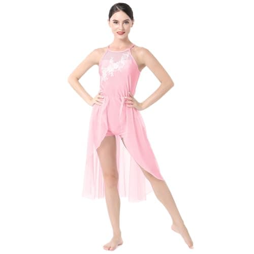 ODASDO Women's Flowy Mesh Tulle Lyrical Dance Leotard with Flower Applique
