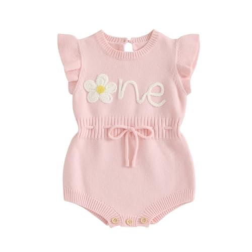 SYOKUP First Birthday Girl Romper Floral Embroidered Crochet Knit Outfit