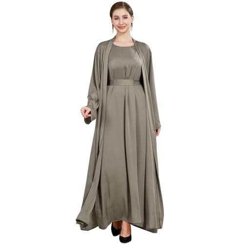 Lenmipot Women's Silk Abaya Dress Twin Set Maxi Kaftan Jilbab Eidsrobe