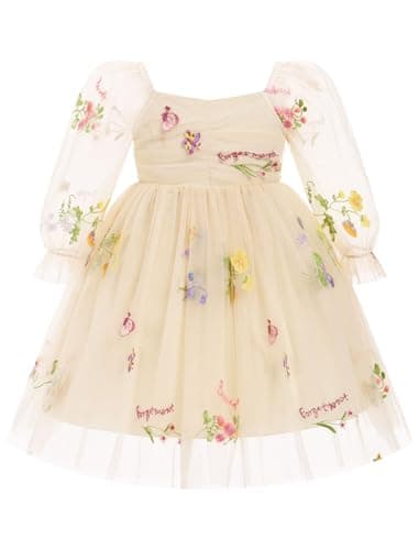 ODASDO Girls' Square Neck Mesh Long Sleeve Tutu Dress for Special Occasions