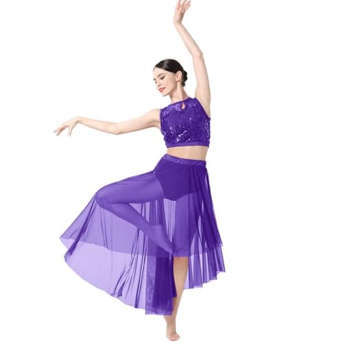 Sequin Lace Floral Crop Top and Flowy Mesh Tulle Skirt 2pcs Outfit for Lyrical Dance Costume