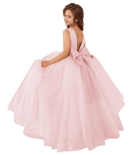 MCieloLuna Flower Girl Satin Tulle Princess Dress with Bow-Knot