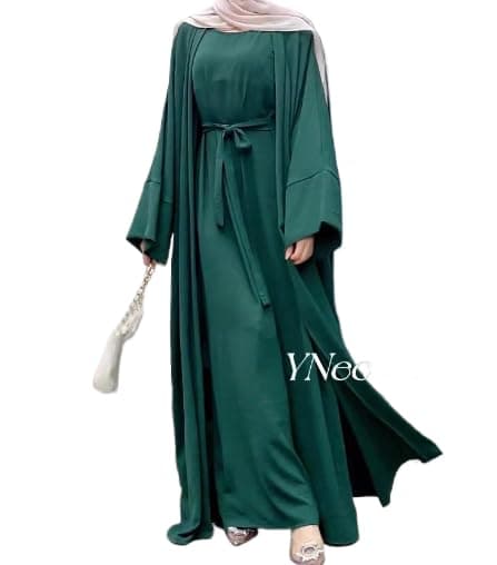 YNeedM Women's Solid Color Sleeveless Abaya Cardigan Dress with Belt Set
