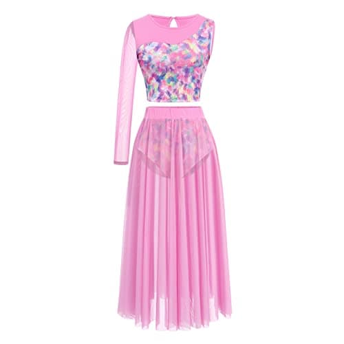 Lyrical Dance Costume for Women: Asymmetrical Top and Flowy Skirt 2PCS Outfit