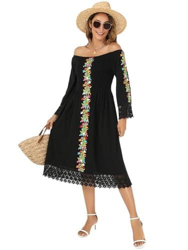 Vackutliv Mexican Embroidered Traditional Fiesta Dress Styles Long Sleeve Flower Patterns