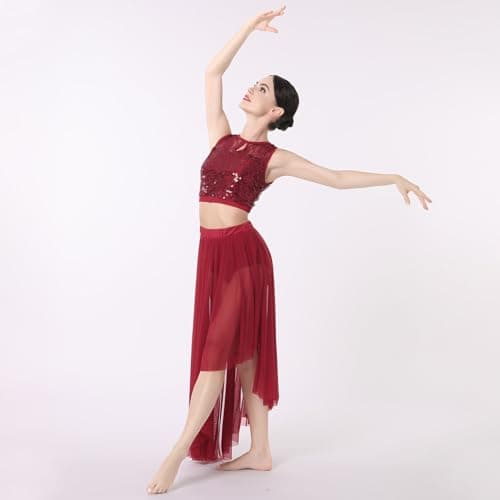 ODASDO Lyrical Dance Costume Sequin Floral Crop Top & Flowy Skirt 2pcs Outfit