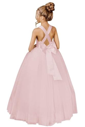 JISISANG Crossed Straps Satin Prom Dress with Bow Tulle for Flower Girls
