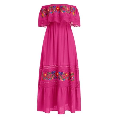 ABEHIK Women's Off-Shoulder Embroidered Mexican Maxi Dress for Cinco de Mayo
