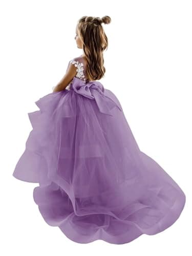 Zikusel Lace Applique Flower Girl Tiered Tulle Wedding Dress