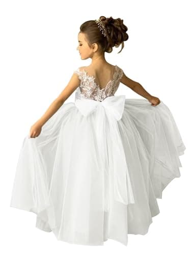 Zikusel Lace Applique Tulle Flower Girl Wedding Dress V-Back Satin Bow Knot