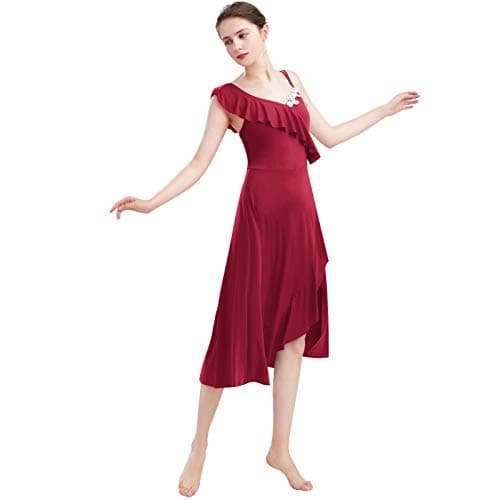 Lyrical Dance Midi Dress for Women with Asymmetrical Flounce and Spaghetti Straps