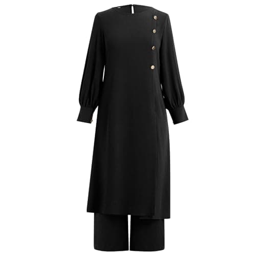IDOPIP Women's Muslim Abaya Set with Pants - Long Sleeve Ramadan Casual Wear