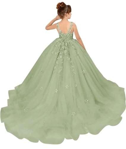 PSAISY Floral Applique Tulle Flower Girl Dress for Weddings & Birthday Parties