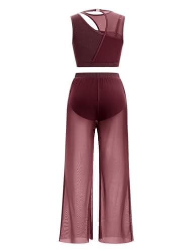 ODASDO Women's Lyrical Dance Two-Piece Costume Tank Tops & Mesh Pants Set