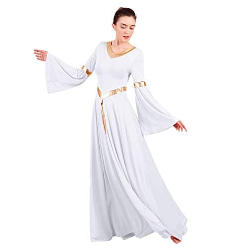 IBAKOM Women's Loose Fit Full Length Metallic Gold V-Neck Worship Dance Costume