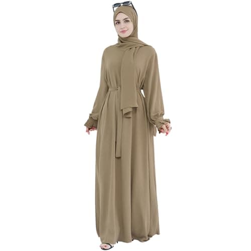 Women's Middle Eastern Arabian Robe Modest Dress with Lace Sleeve Hijab Scarf