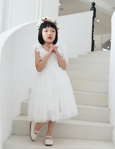 Tutu.kk Vintage Ruffled Sleeve A-Line Tulle Party Dress for Toddler Girls, Wedding & Birthday